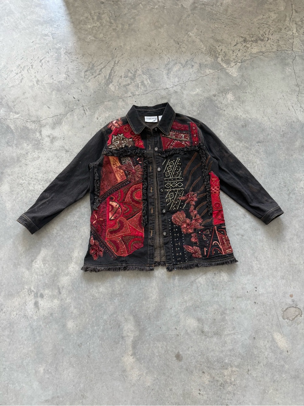 Chico's Black Denim Jacket with Red & Brown Patchwork